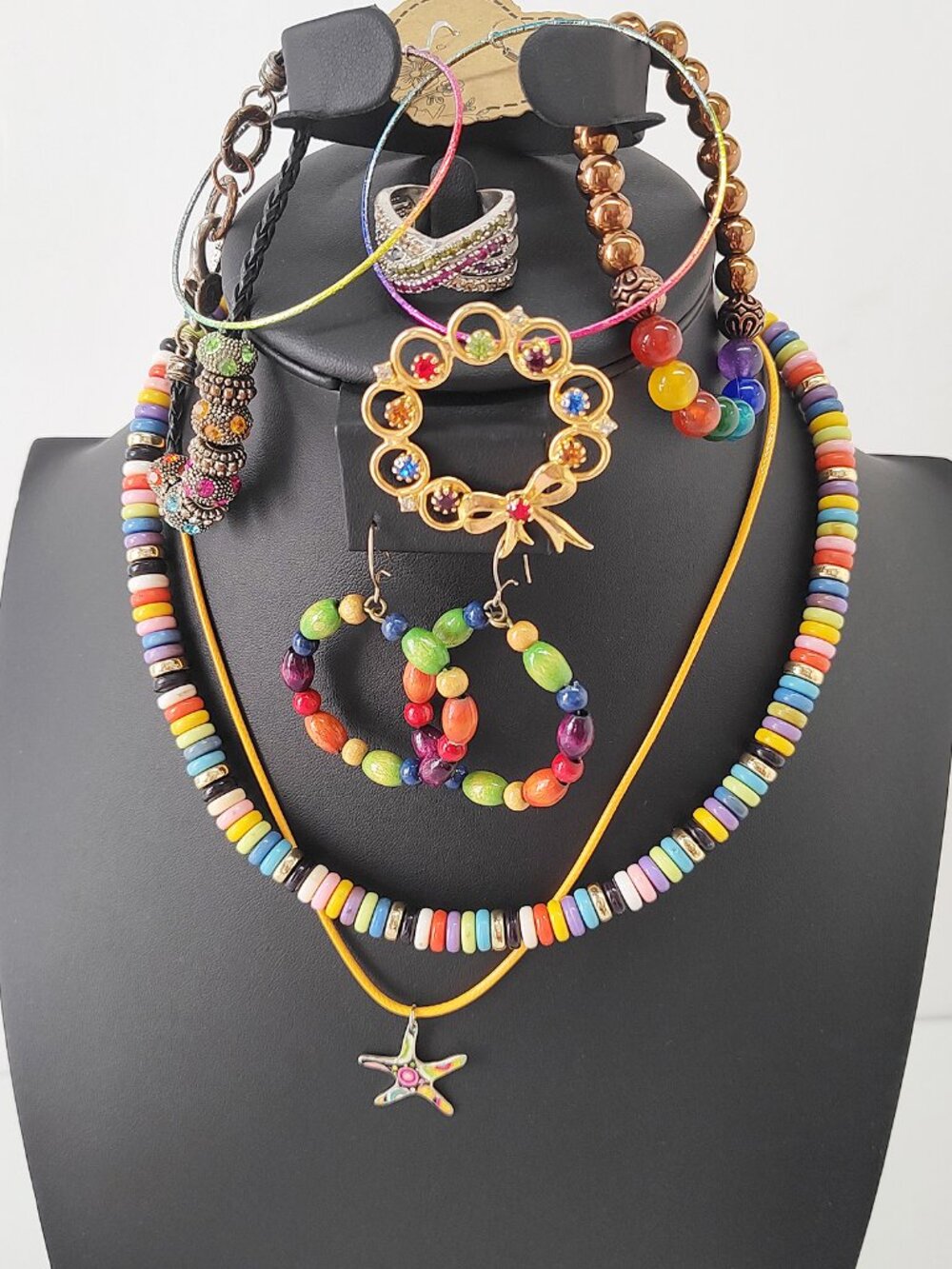 Lot 8 Rainbow Color Jewelry Bracelet Earring Ring Necklace Wood Stone Plastic